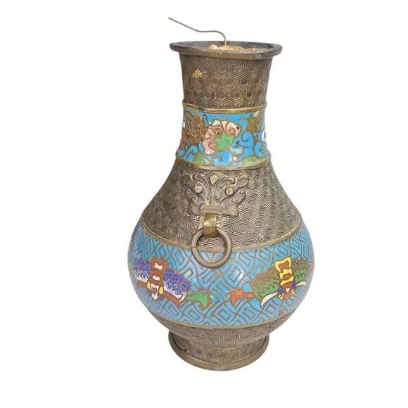 Japanese Champleve Vase Enamel Floral Water Lilies Ring Handles - Picture 3 of 6